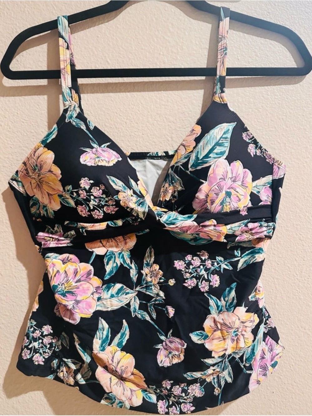 Floral Black V-Neck Tankini Top